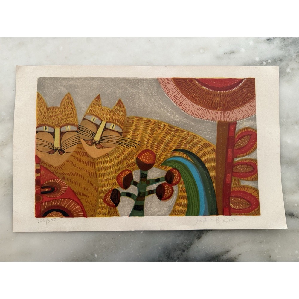 Judith Bledsoe Cats, Folk Art Lithograph and Blind Embossing circa 1980